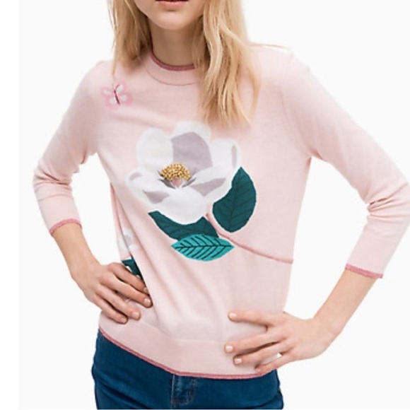 kate spade Sweaters - Kate Spade Cameo Pink Embroidered Floral Cotton/Cashmere Sweater, Size Small